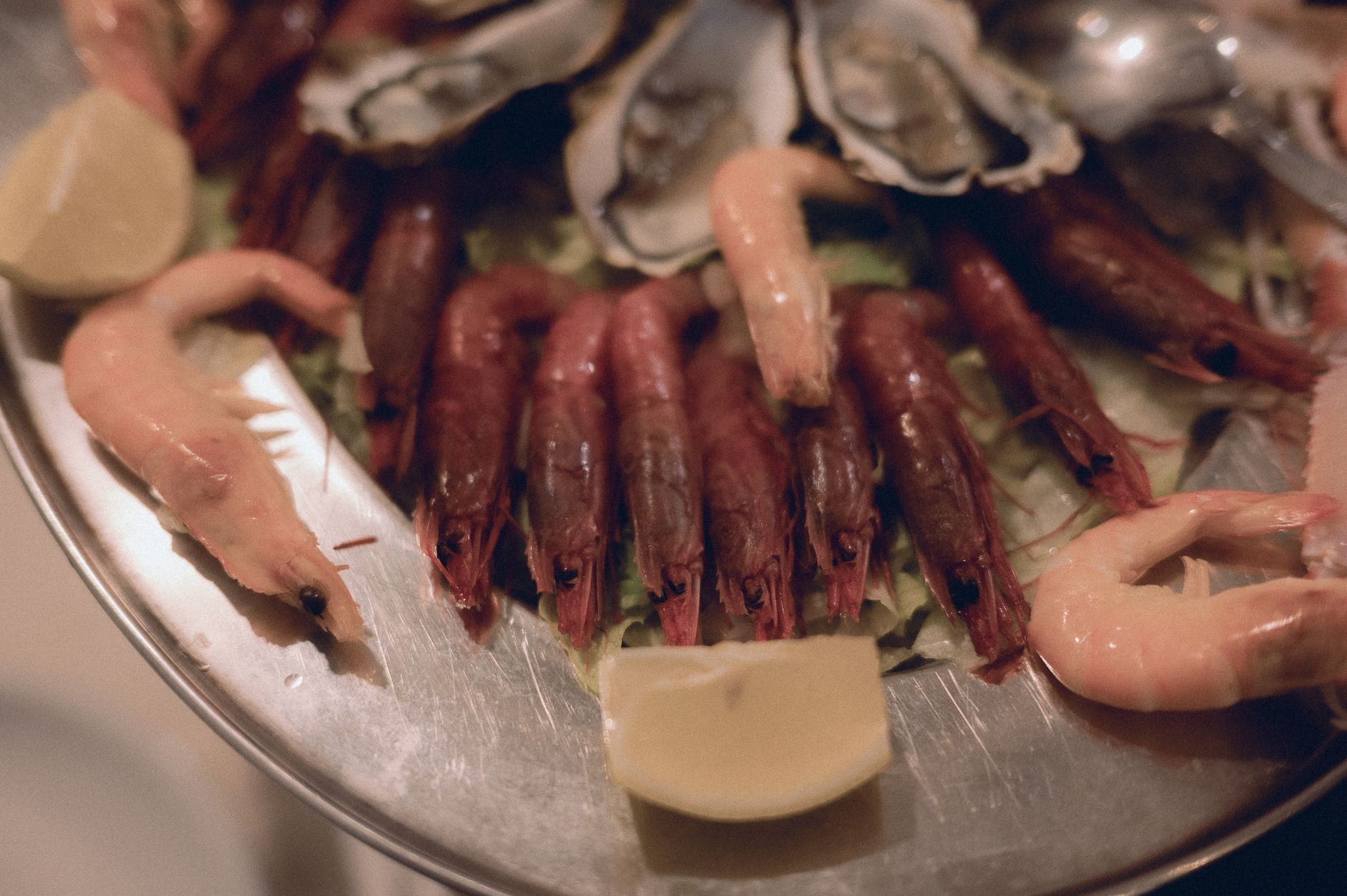 A delectable seafood platter featuring prawns, oysters, and lemons on a stainless steel plate. — Trójmiasto