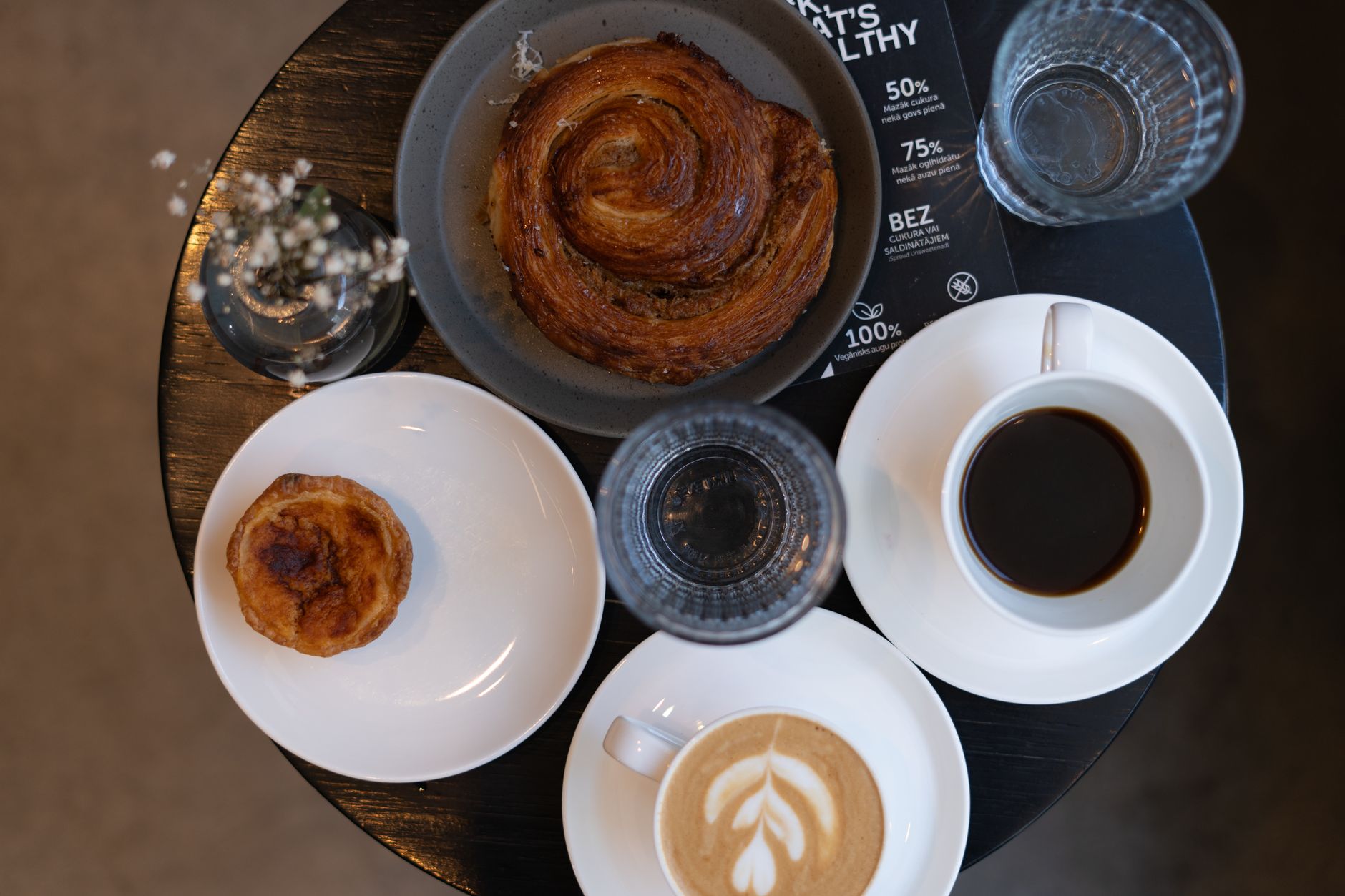 Flat lay of delicious coffee and pastries on a table, creating a sophisticated breakfast scene. — Trójmiasto