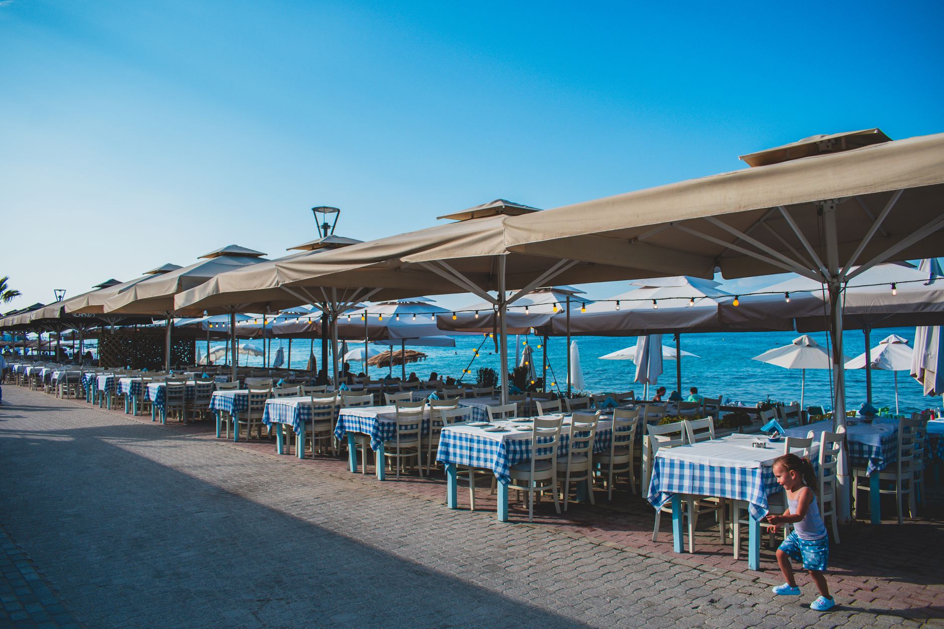 Charming seaside cafe with blue checkered tables under umbrellas by the ocean, idyllic summer setting. — Trójmiasto