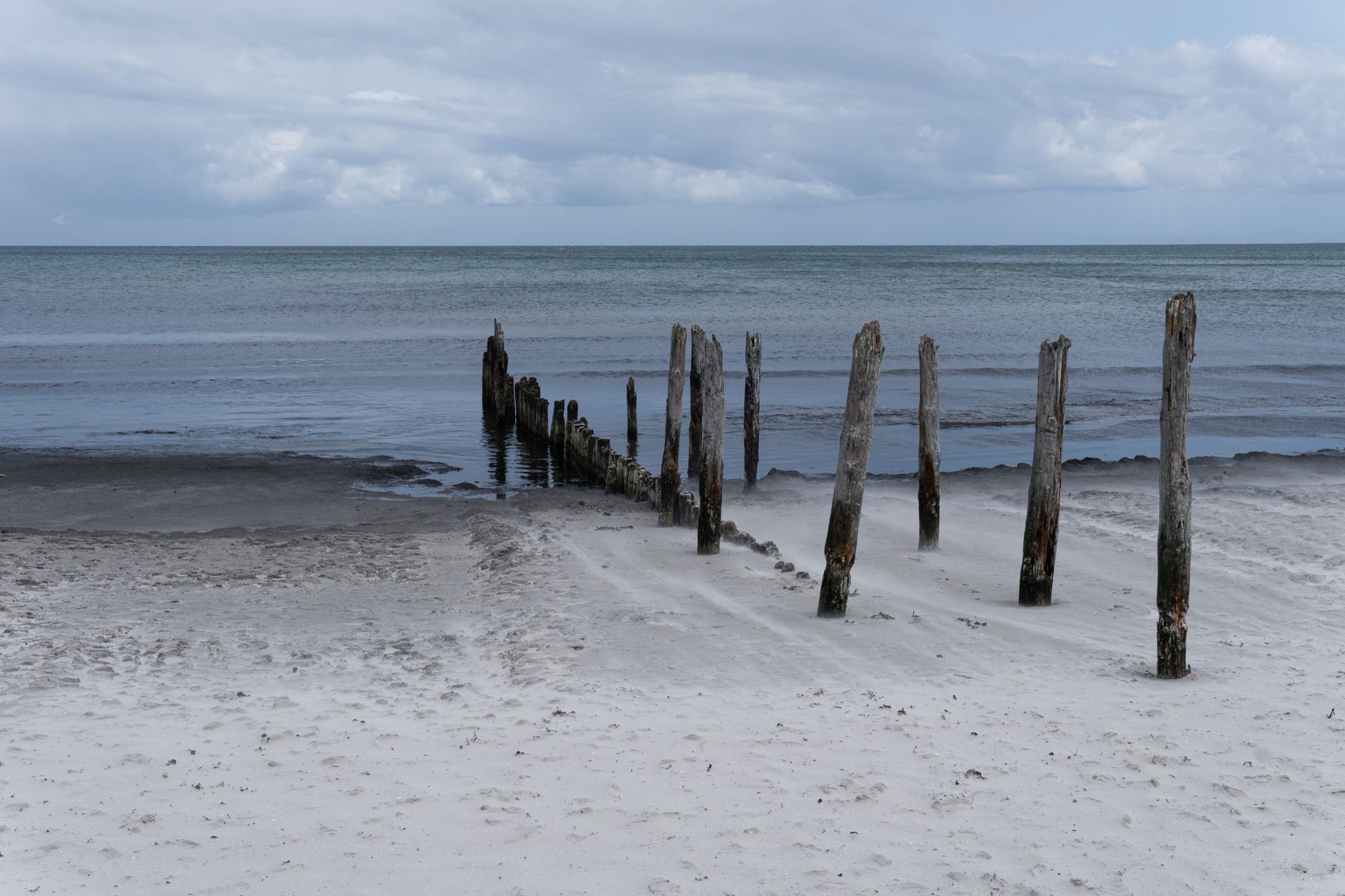 A tranquil beach with old wooden posts by the sea under a cloudy sky. — Trójmiasto