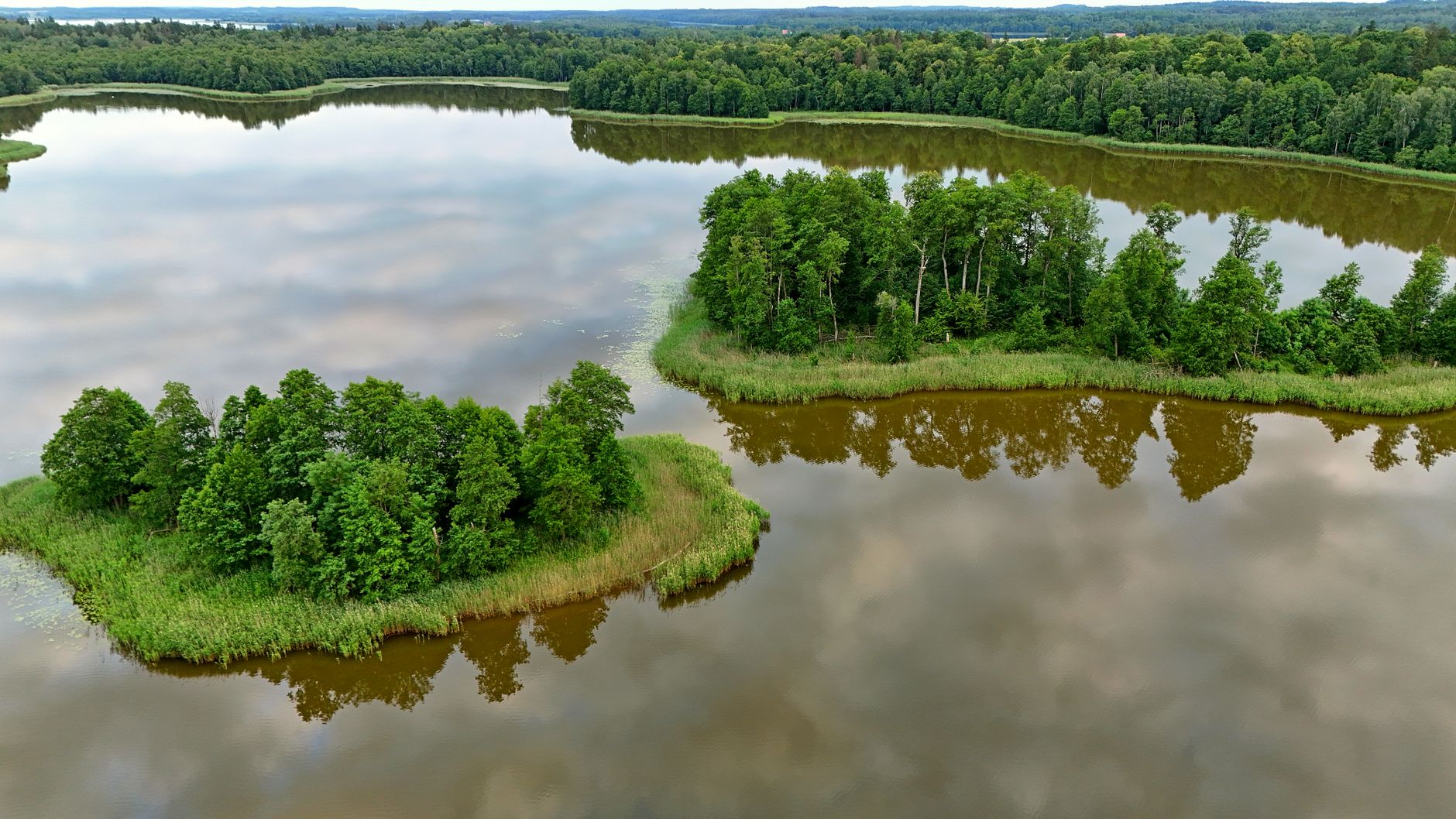 A stunning aerial view of lush islands surrounded by water in Podlaskie, Poland, during summer. — Trójmiasto