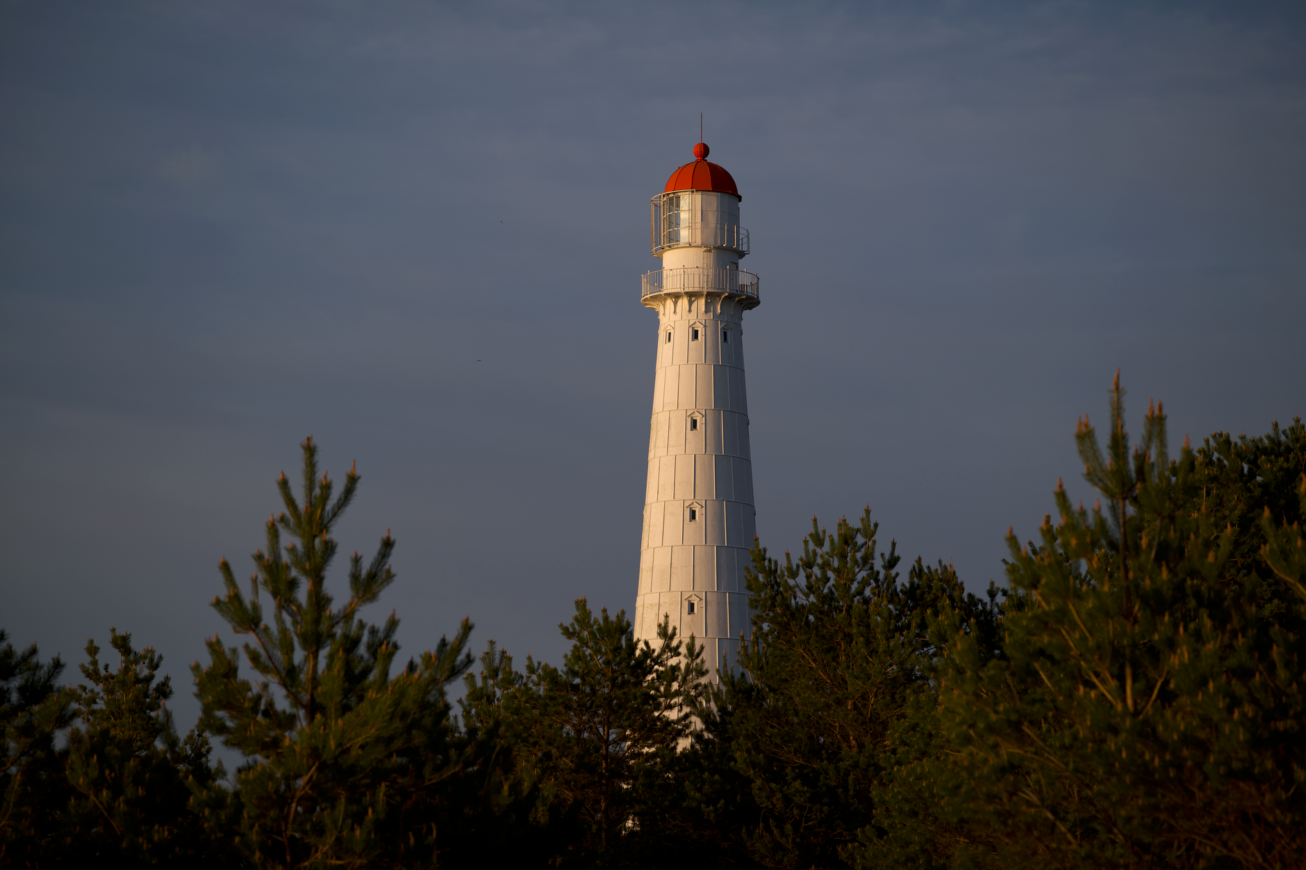 Capture of Tahkuna Lighthouse with its distinct red top above green treetops at dusk. — Trójmiasto