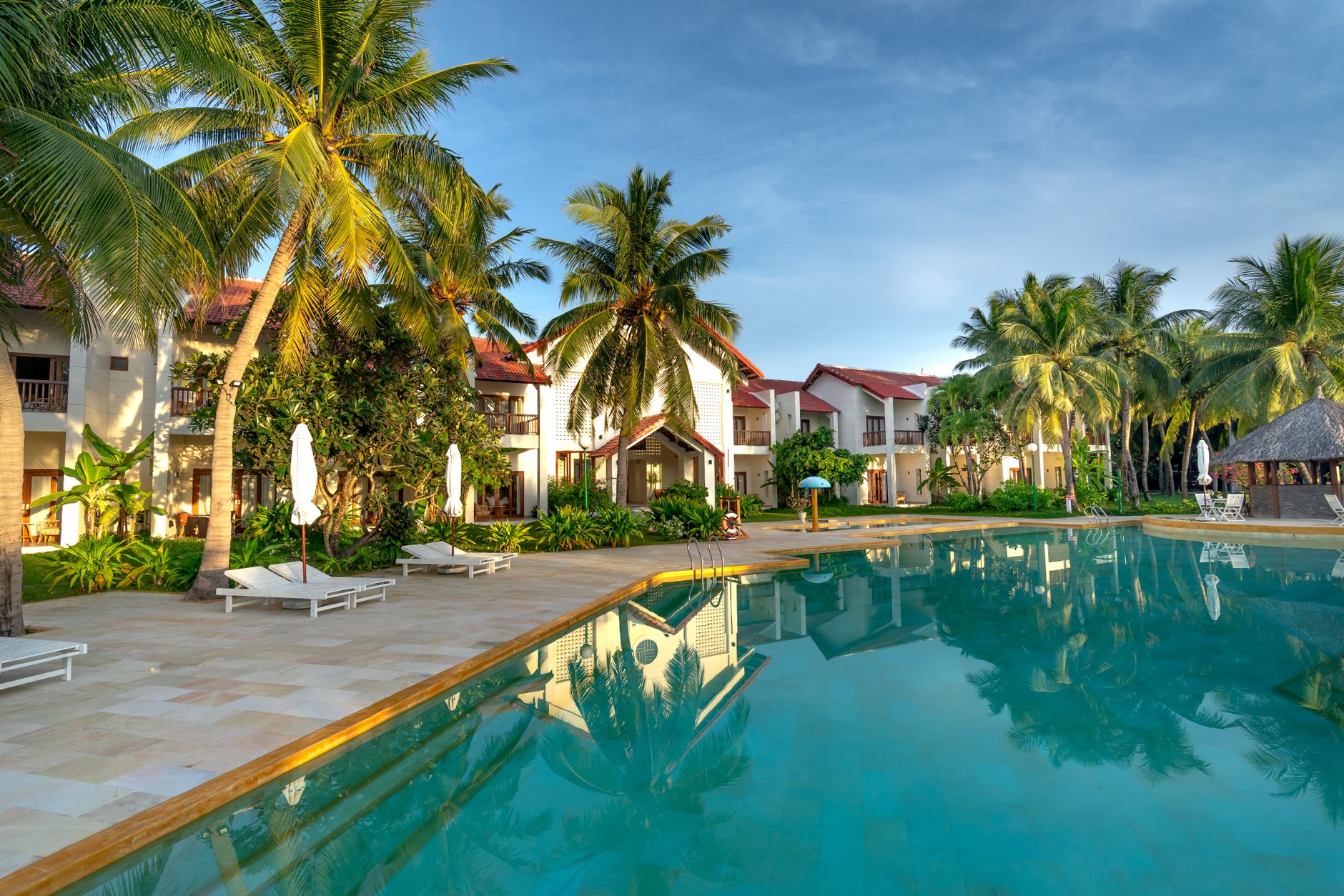 Luxury resort poolside view with palm trees, offering a tropical and serene escape. — Trójmiasto