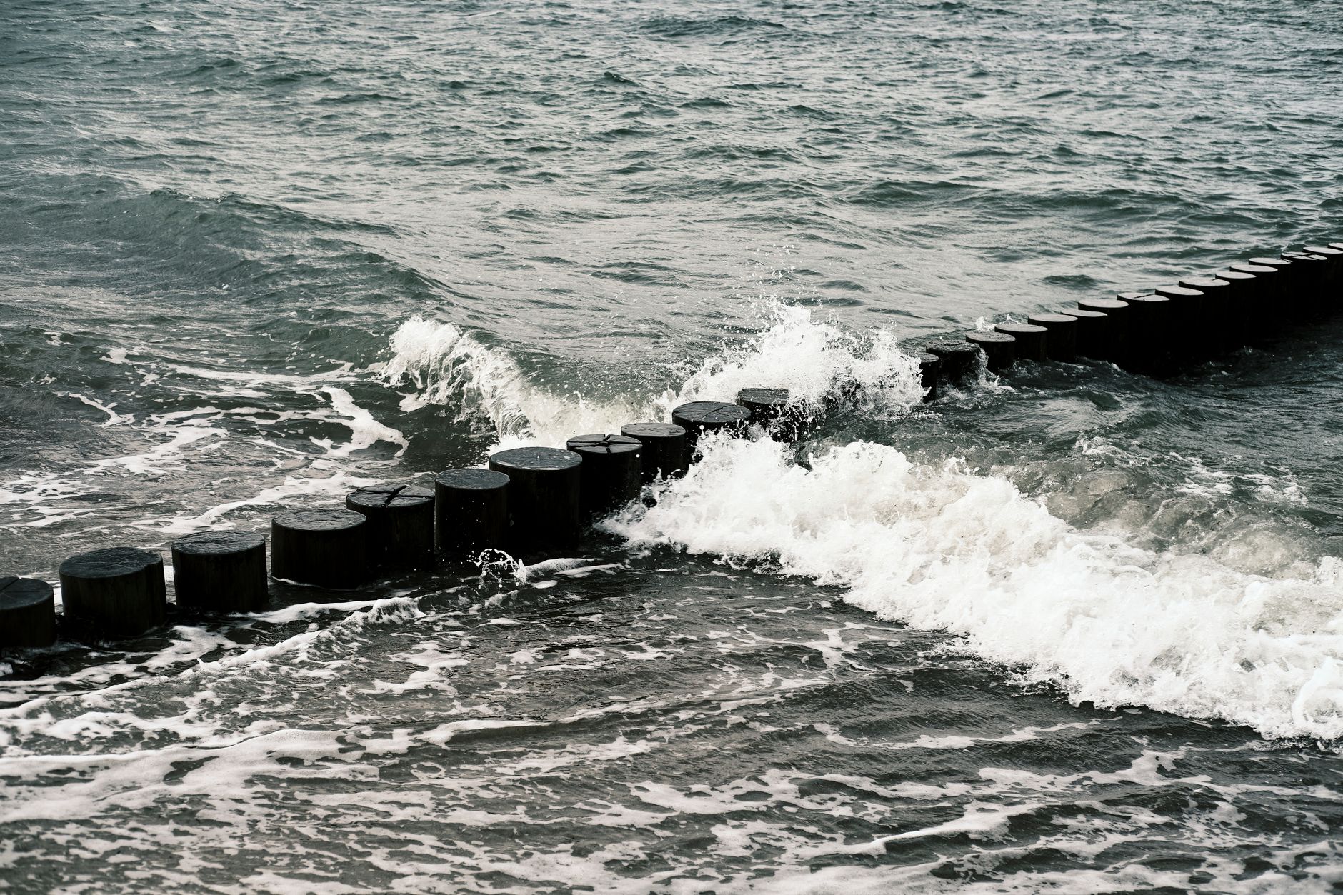 Dynamic waves crash against a wooden breakwater on the Baltic Sea, showcasing marine power. — Trójmiasto
