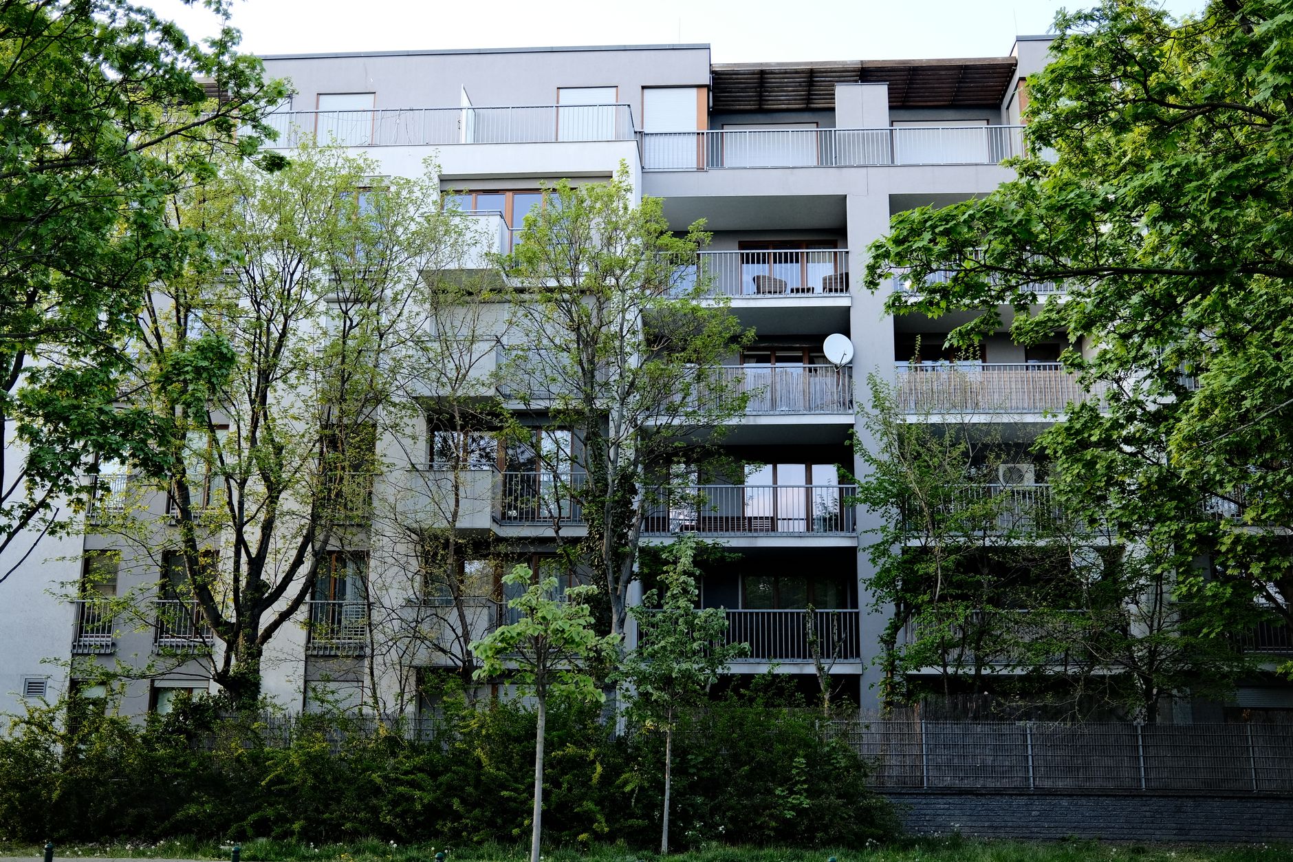 Contemporary urban apartment building enveloped by lush green trees and bushes. — Trójmiasto