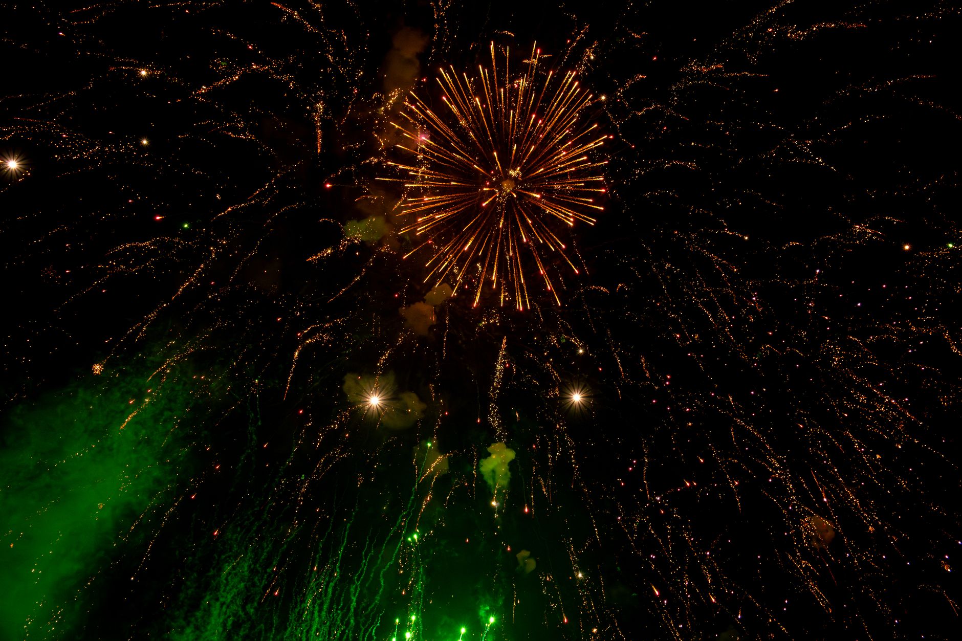 Dazzling fireworks burst with bright colors illuminating the night sky in a mesmerizing display. — Trójmiasto